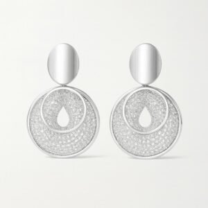 Silver Toned Statement Drop Earrings with a brushed oval stud and large concentric circular drops fully paved with sparkling CZ stones.