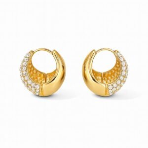 Gold Toned Chunky Huggie Hoop Earrings with one half covered in clear pave CZ stones and the other half highly polished metal.