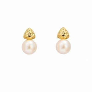 Gold Plated Hammered Stud Earrings with a triangular hammered top and a large round imitation pearl drop.