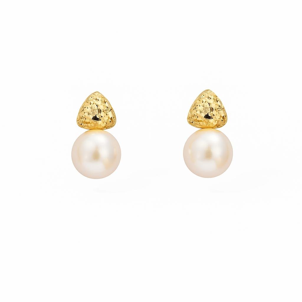 Gold Plated Hammered Stud Earrings with a triangular hammered top and a large round imitation pearl drop.