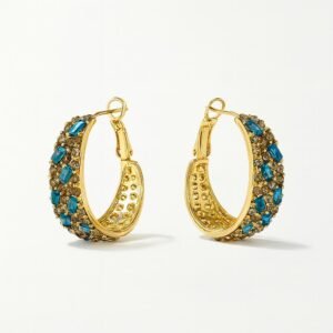 Gold Toned Hoop Earrings with two rows of stones: blue baguette-cut crystals and brown/champagne pave round stones.