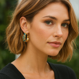 Golden Hoop Earrings with Blue Stones