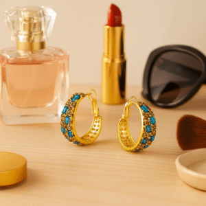 Golden Hoop Earrings with Blue Stones