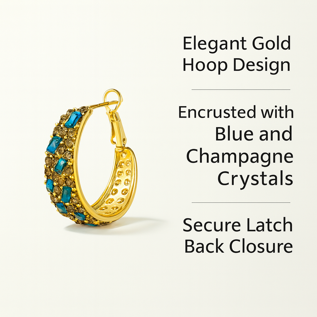 Golden Hoop Earrings with Blue Stones Golden Hoop Earrings with Blue Stones