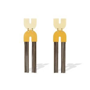 Yellow and Cream Geometric Tassel Drop Earrings with layered arch shapes and four dark metal bar tassels dangling below.