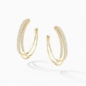 Gold Plated Double Hoop Earrings with the top half of the front hoop entirely covered in pave-set cubic zirconia stones.