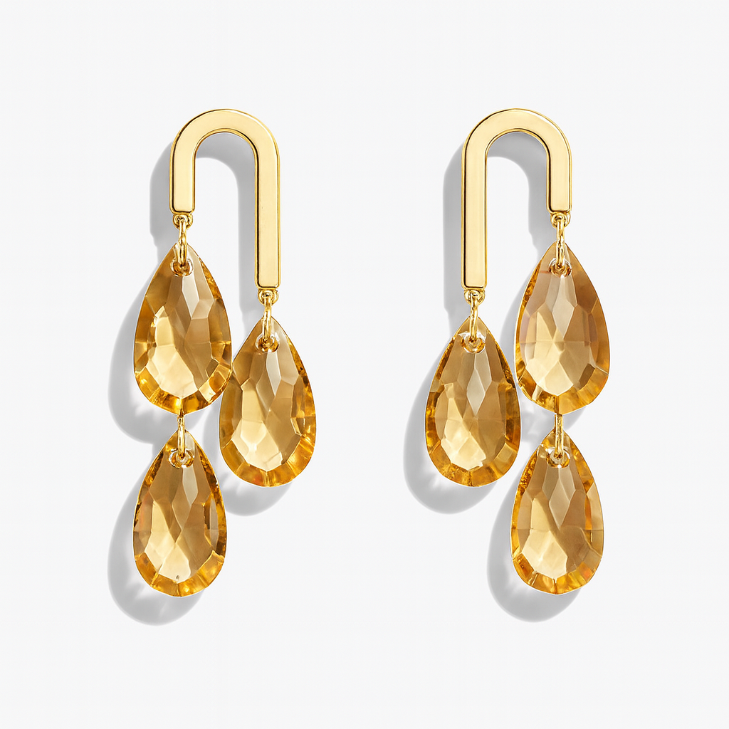 Gold Plated Triple Amber Teardrop Dangle Earrings 4.5 cm