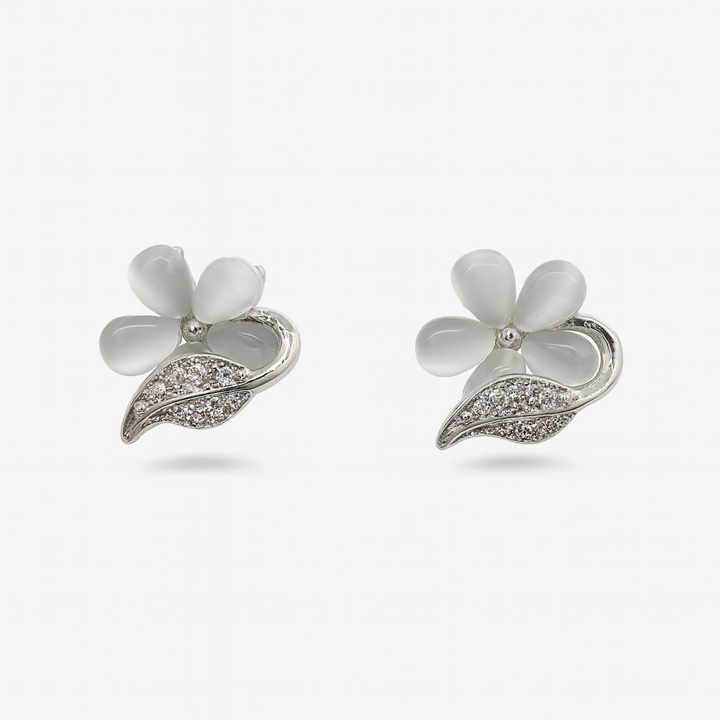 Silver Opalescent Flower Studs with CZ Leaf