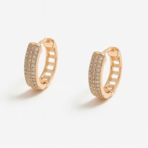 Rose Gold Pave CZ Huggie Hoop Earrings with three rows of clear cubic zirconia stones on a thick, hinged hoop.