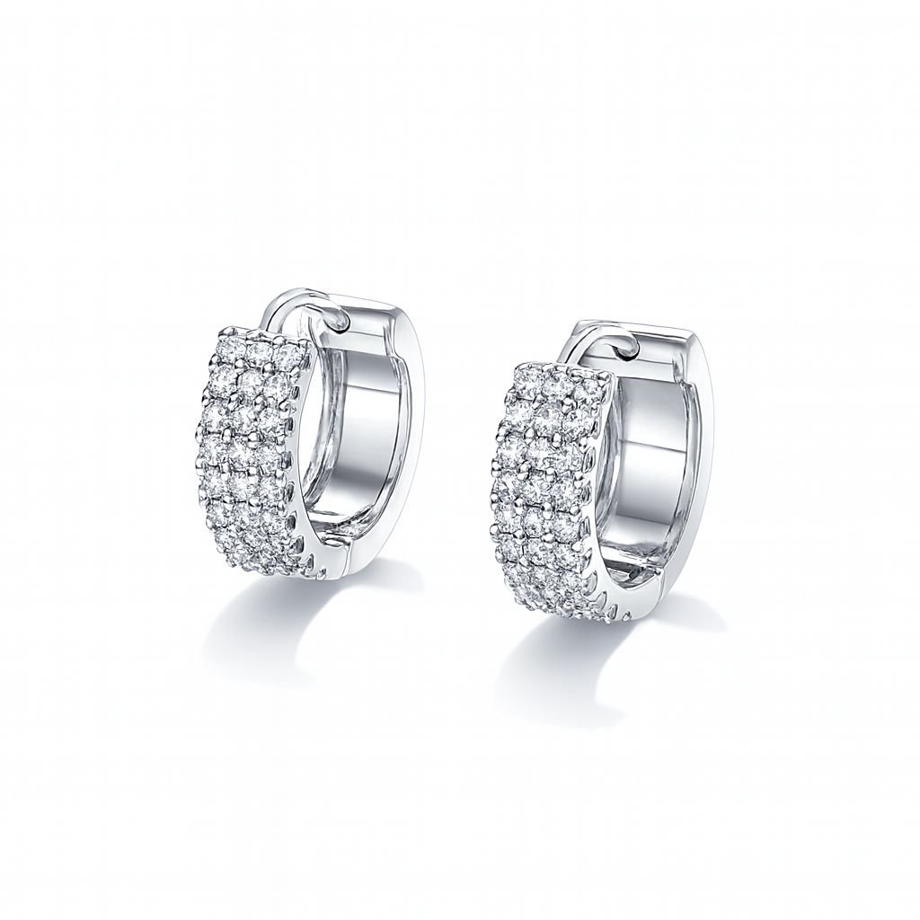 Silver Plated Triple Row Pave CZ Huggie Hoop Earrings