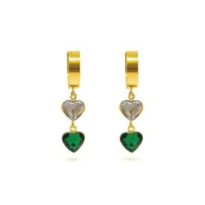 Gold Plated Double Heart Dangle Earrings on a wide huggie hoop, featuring one smoky clear heart CZ and one emerald green heart CZ.