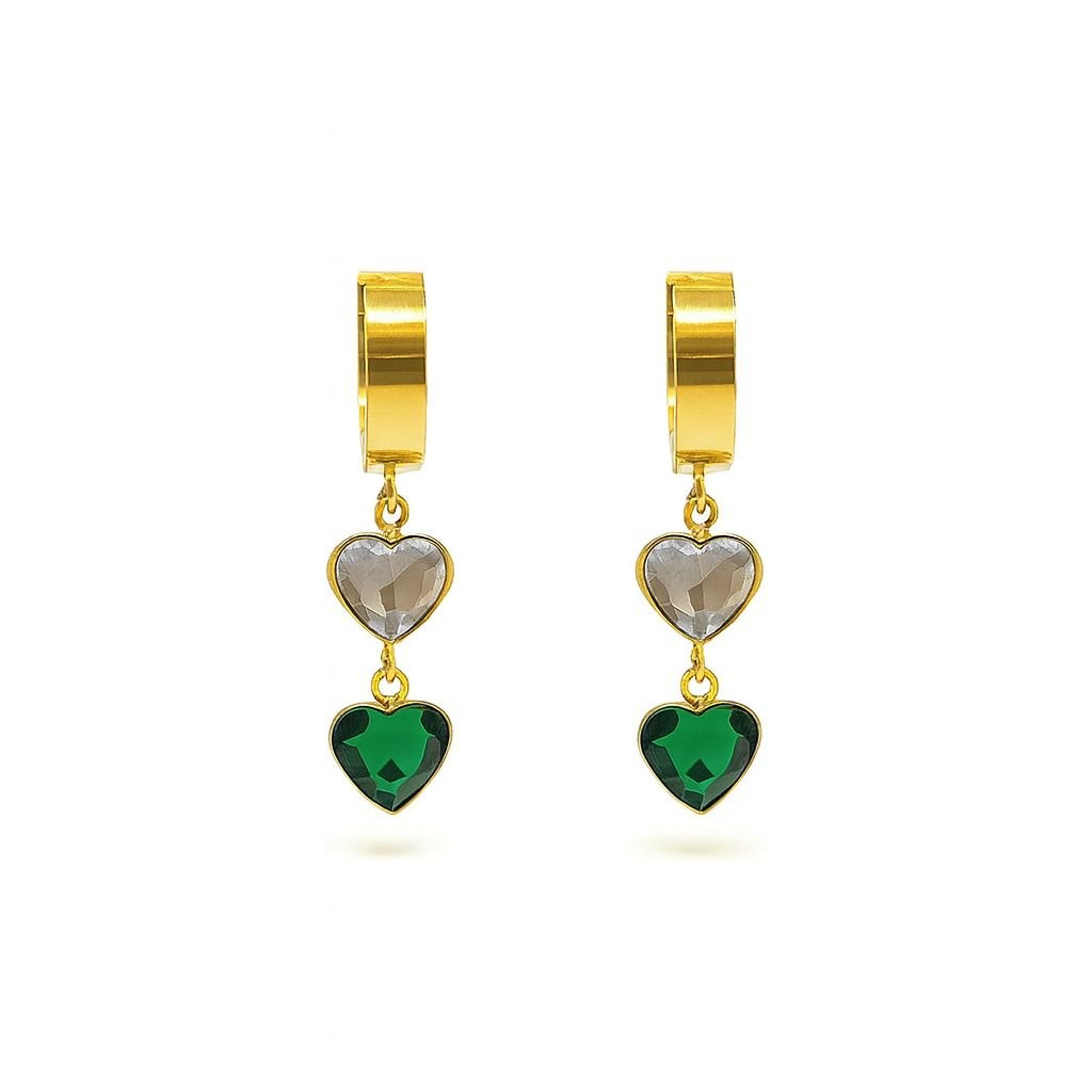 Gold Plated Double Heart Dangle Earrings on a wide huggie hoop, featuring one smoky clear heart CZ and one emerald green heart CZ.