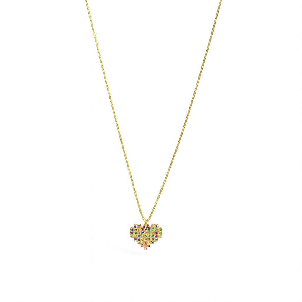 Gold Plated Multicolored Pave Heart Necklace 27 cm Chain
