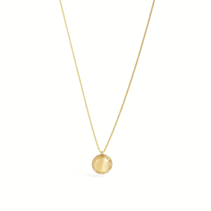 Gold Plated Snake Chain Necklace with a small, flat circular disc pendant surrounded by a micro-pave CZ halo.