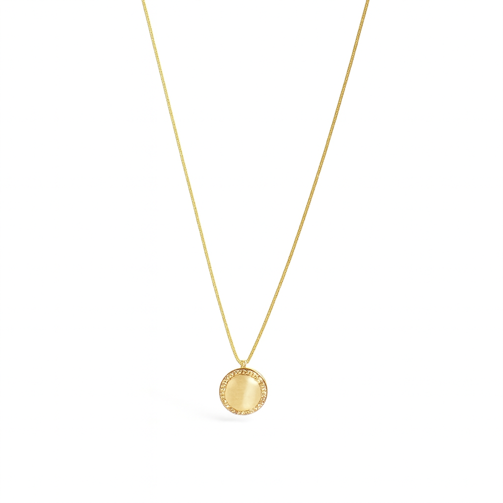 Gold Plated Snake Chain Necklace with a small, flat circular disc pendant surrounded by a micro-pave CZ halo.