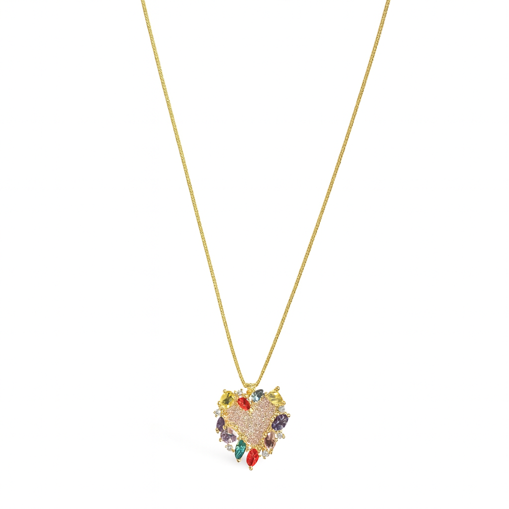 Gold Plated Fine Chain Necklace with a large heart pendant featuring pink pave stones and a halo of multi-color marquise CZ stones.