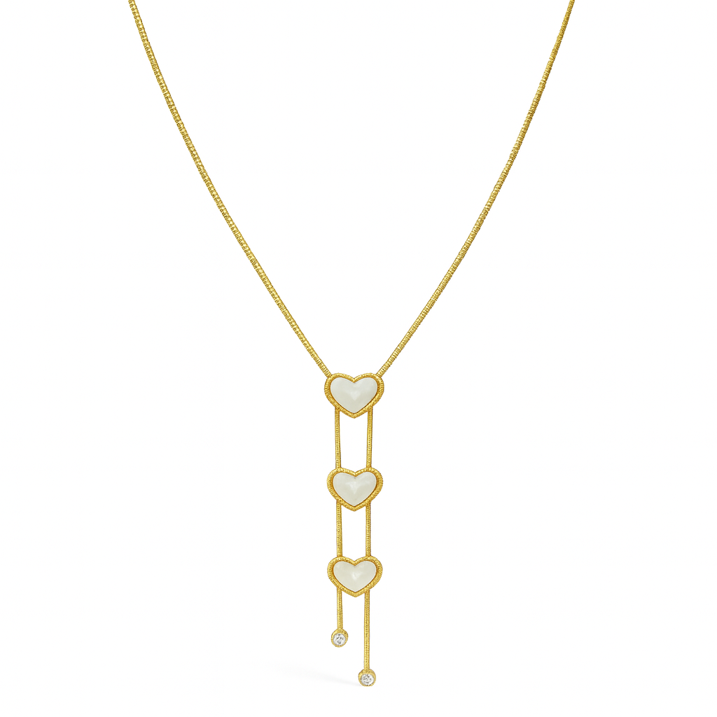 Gold Plated Triple Heart Lariat Necklace Mother of Pearl Inlay