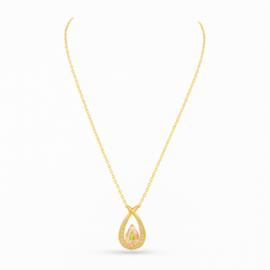 Gold Plated Fine Chain Necklace with an elongated teardrop pendant that has multi-color iridescence, set within a pave-set CZ infinity frame.