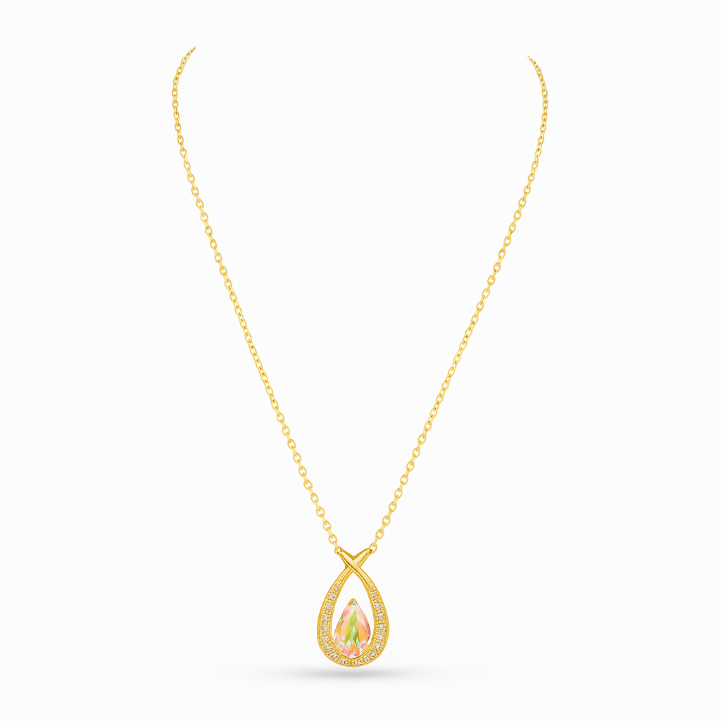 Gold Plated Fine Chain Necklace with an elongated teardrop pendant that has multi-color iridescence, set within a pave-set CZ infinity frame.