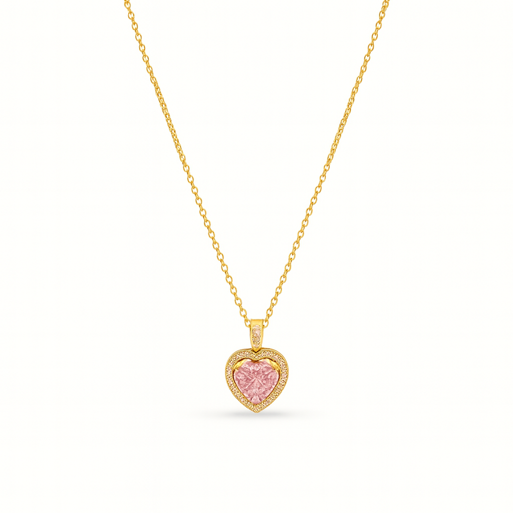 Gold Plated Pink Heart Necklace 24 cm Chain CZ Halo