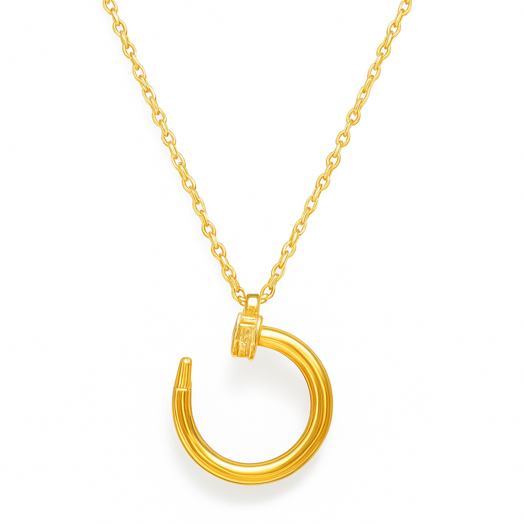 Gold Plated Chain Necklace with a large, curved nail ring-shaped pendant.