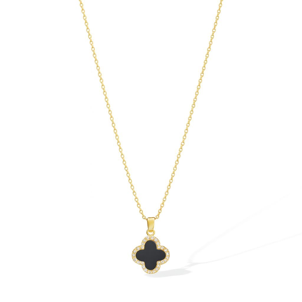 Gold Plated Black Clover Pendant Necklace 19 cm Chain