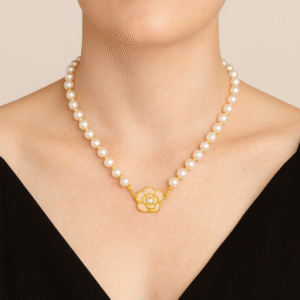 Pearl Necklace Gold Floral Design