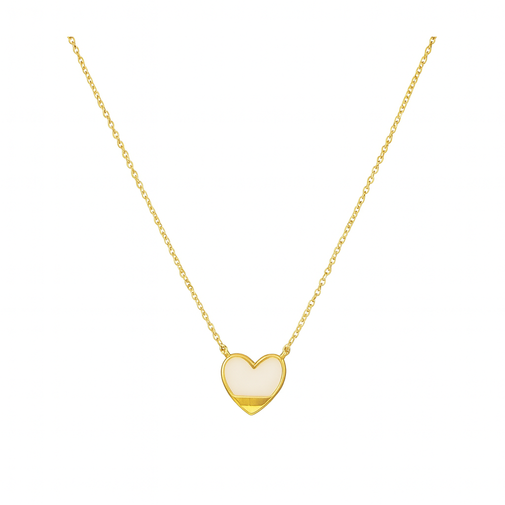 Gold Plated Fine Chain Necklace with a smooth heart pendant inlaid with iridescent white Mother of Pearl.
