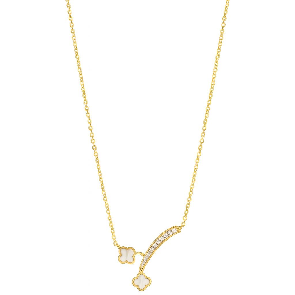 Gold Plated Clover Y Necklace Mother of Pearl CZ Bar