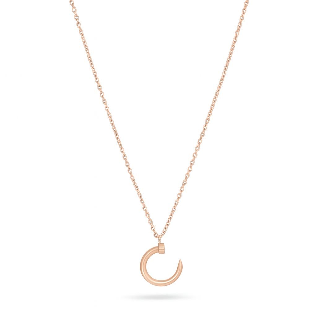 Rose Gold Plated Chain Necklace with a simple, bent nail-shaped pendant.