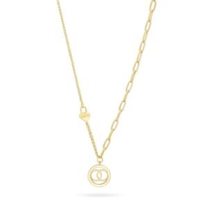 Gold Plated Asymmetrical Necklace with a delicate chain on one side and a paperclip link chain on the other, featuring an Interlocking Circles Pendant.