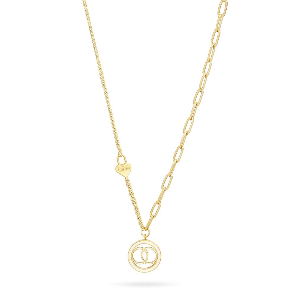 Gold Plated Asymmetrical Necklace with a delicate chain on one side and a paperclip link chain on the other, featuring an Interlocking Circles Pendant.