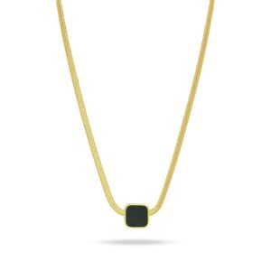 Gold Plated Snake Chain Necklace with a small, square black pendant.