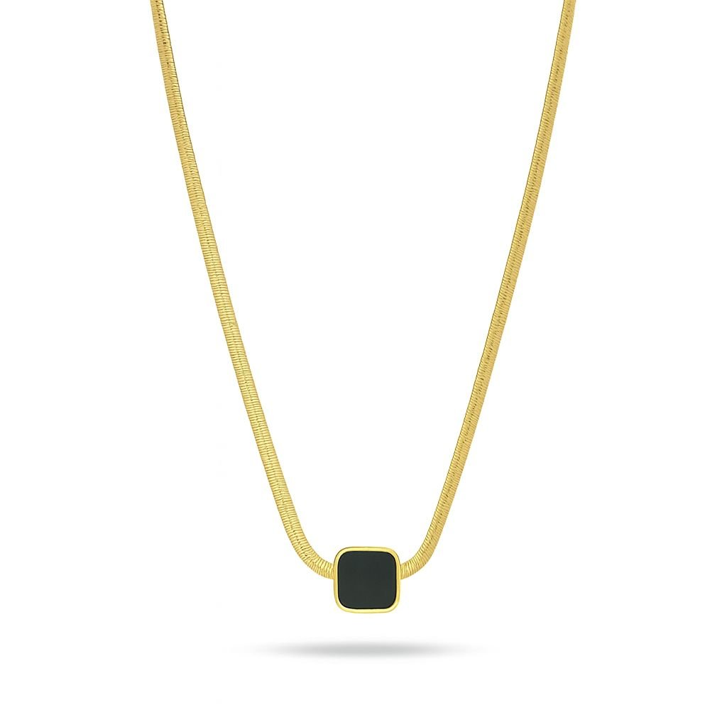 Gold Plated Snake Chain Necklace with a small, square black pendant.