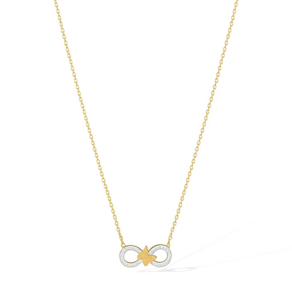 Gold Plated Chain Necklace with a sparkling pave CZ infinity symbol and a small gold butterfly pendant.