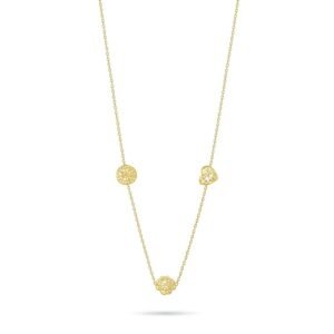 Gold Plated Station Necklace with three small charms: a round disc, a heart, and a flower.