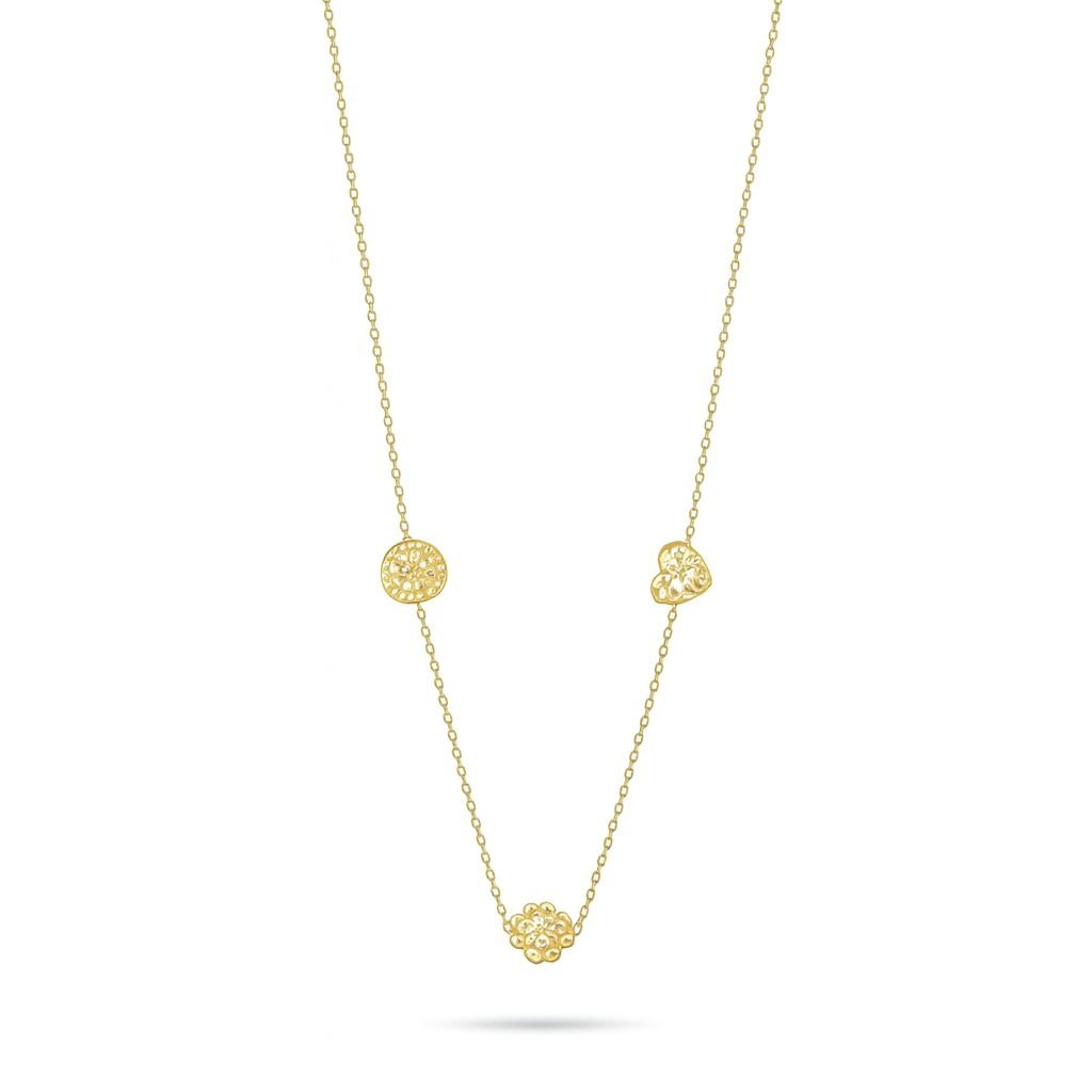 Gold Plated Station Necklace with three small charms: a round disc, a heart, and a flower.