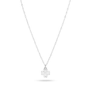 Silver Plated Fine Chain Necklace with a small, solid four-leaf clover pendant accented with a tiny CZ stone.