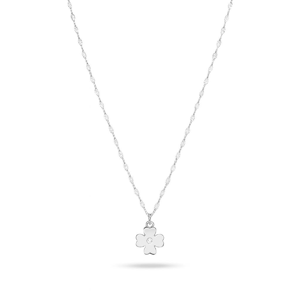 Silver Plated Fine Chain Necklace with a small, solid four-leaf clover pendant accented with a tiny CZ stone.