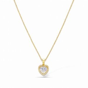 Gold Plated Fine Chain Necklace with a large, heart-cut CZ stone surrounded by a micro-pave halo.