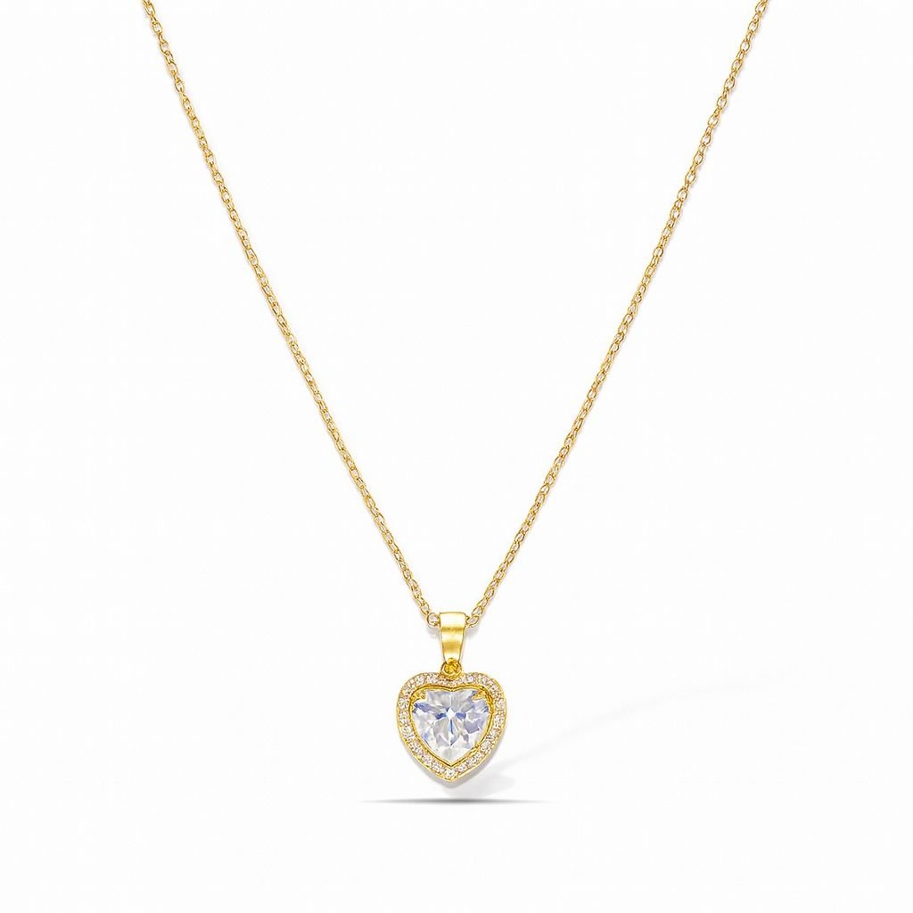 Gold Plated Fine Chain Necklace with a large, heart-cut CZ stone surrounded by a micro-pave halo.