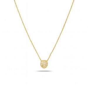 Gold Plated Fine Chain Necklace with a small, round pendant completely covered in pave-set clear CZ stones.