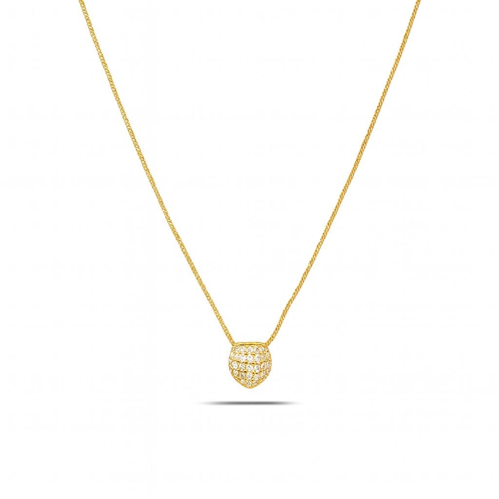 Gold Plated Fine Chain Necklace with a small, round pendant completely covered in pave-set clear CZ stones.