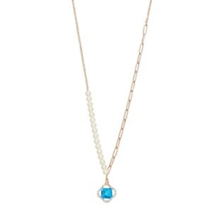 Rose Gold Plated Asymmetrical Necklace with one side of pearls and one side of paperclip links, featuring a blue cushion-cut CZ pendant with a pave halo.