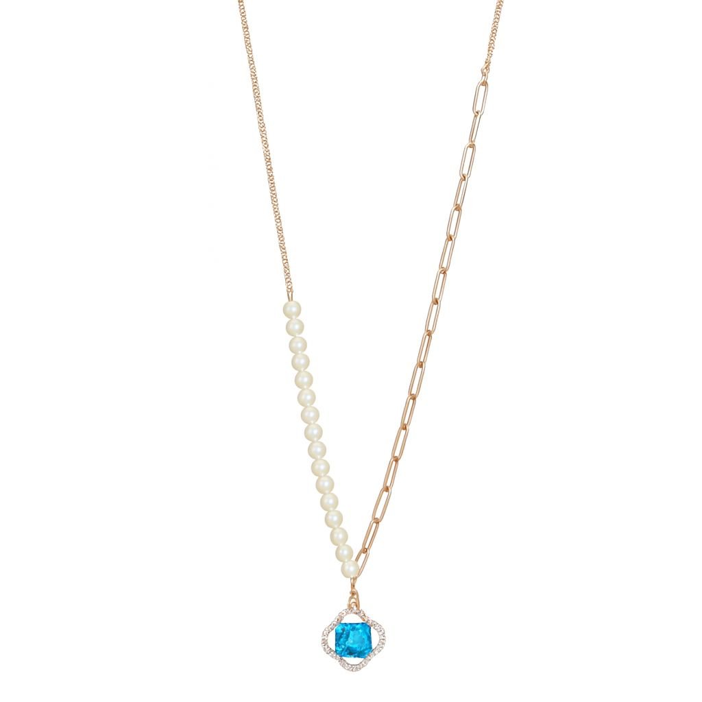 Rose Gold Plated Asymmetrical Necklace with one side of pearls and one side of paperclip links, featuring a blue cushion-cut CZ pendant with a pave halo.