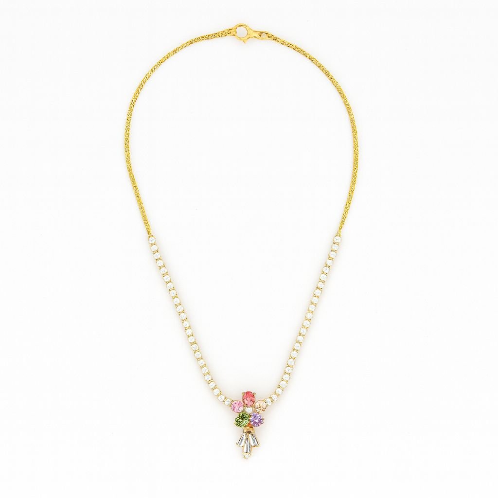 Adjustable Gold Plated Tennis Necklace Multicolored Flower Pendant