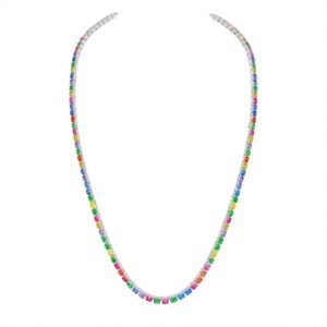 Silver Plated Tennis Chain necklace featuring a continuous line of multi-color, square-cut cubic zirconia stones.