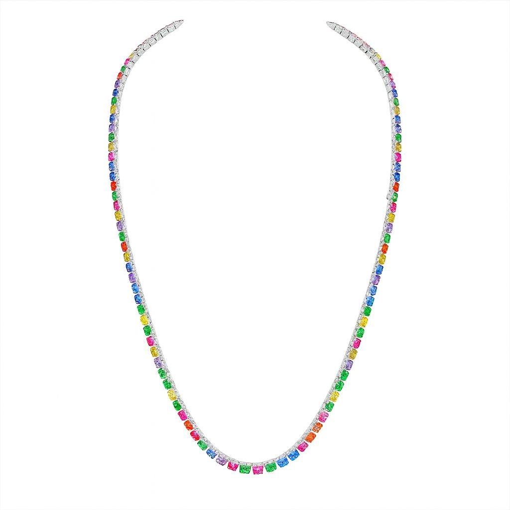 Silver Plated Tennis Chain necklace featuring a continuous line of multi-color, square-cut cubic zirconia stones.