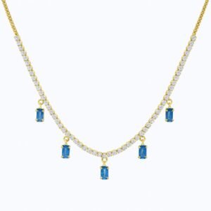 Adjustable Gold Plated Choker Necklace Blue Emerald Cut Crystal Drops