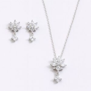 Silver Plated CZ Lotus Flower Necklace and Earring Set with marquise and square cut CZ stones.